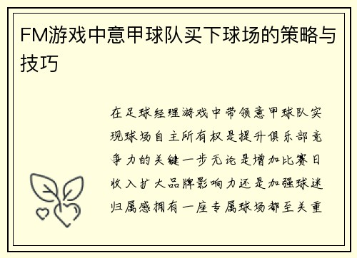FM游戏中意甲球队买下球场的策略与技巧