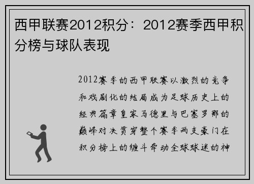 西甲联赛2012积分：2012赛季西甲积分榜与球队表现